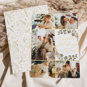 Elegant Gold 5 Photo Collage Happy Holidays Card