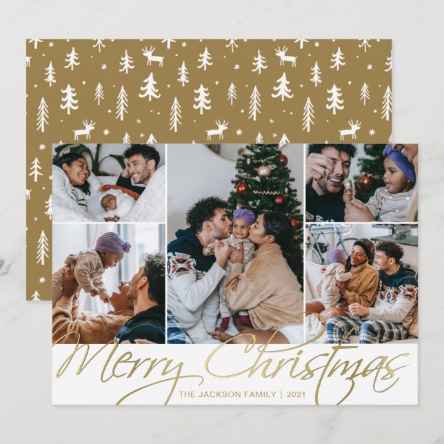 Elegant Gold 5 Photo Merry Christmas Holiday Card (Front/Back)
