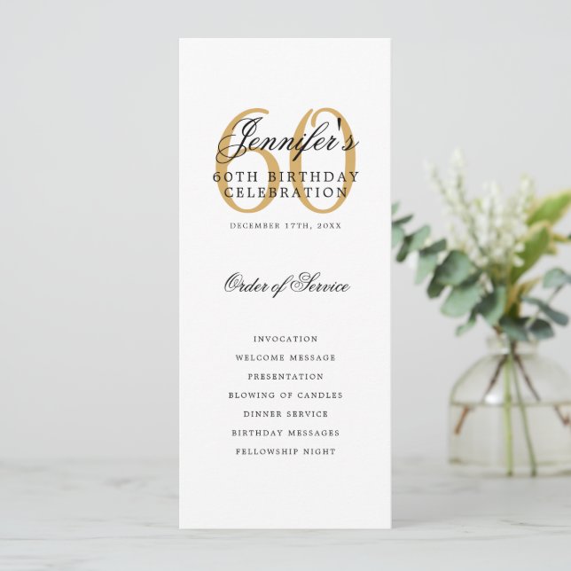 Elegant Gold 60th Birthday Party Program Menu Invitation (Standing Front)