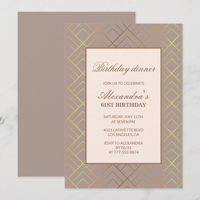 Elegant Gold 61st birthday Dinner invitations  (Front/Back)