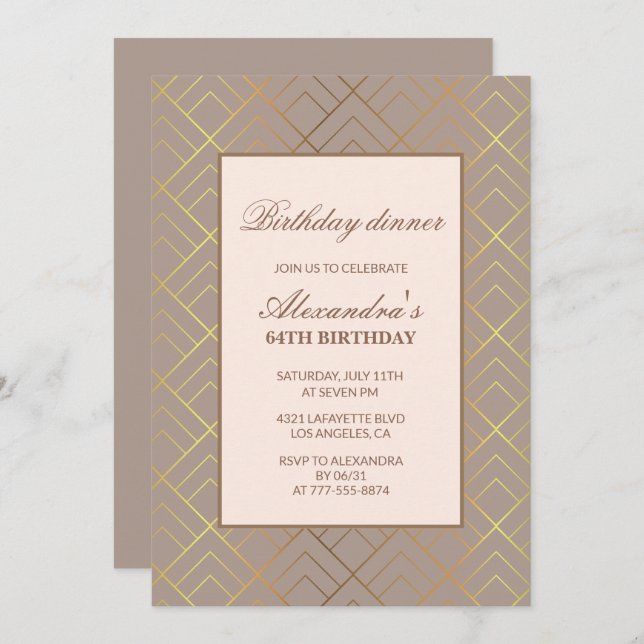 Elegant Gold 64th birthday Dinner invitations  (Front/Back)
