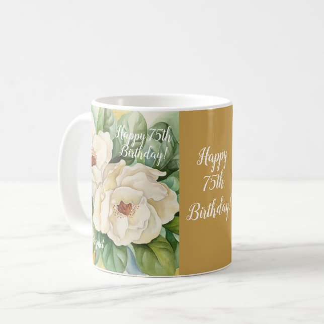 Elegant Gold 75th Birthday Floral Magnolia Name Coffee Mug (Front Left)