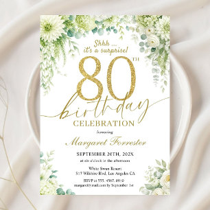 Elegant Gold 80th Birthday Eucalyptus Ivory Floral Invitation