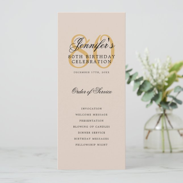 Elegant Gold 80th Birthday Program Menu Champagne Invitation (Standing Front)