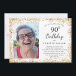 Elegant Gold 90th Birthday Party Invitation<br><div class="desc">This elegant 90th Birthday Party invitation is perfect for anyone looking to toast to being 90 and still fabulous! The design features a glamourous golden glitter border and elegant handwritten script typography. Easily upload your own photo and edit all the details using the template provided. Please contact the designer for...</div>