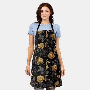 Elegant Gold Accent Rose Black Floral Pattern Apron