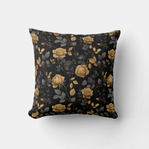 Elegant Gold Accent Rose Black Floral Pattern Cushion
