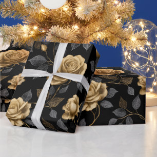 Elegant Gold Accent Rose Black Floral Pattern Wrapping Paper