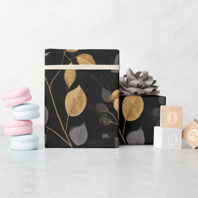 Elegant Gold Accent Rose Black Floral Pattern Wrapping Paper (Baby Shower)