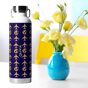 Elegant Gold Aeroplane & World Globe, Minimalist Water Bottle