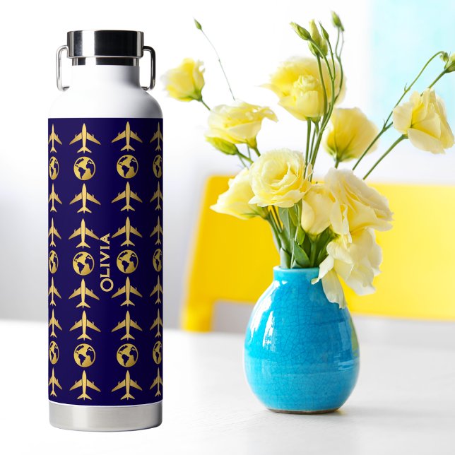 Elegant Gold Aeroplane & World Globe, Minimalist Water Bottle (Creator Uploaded)