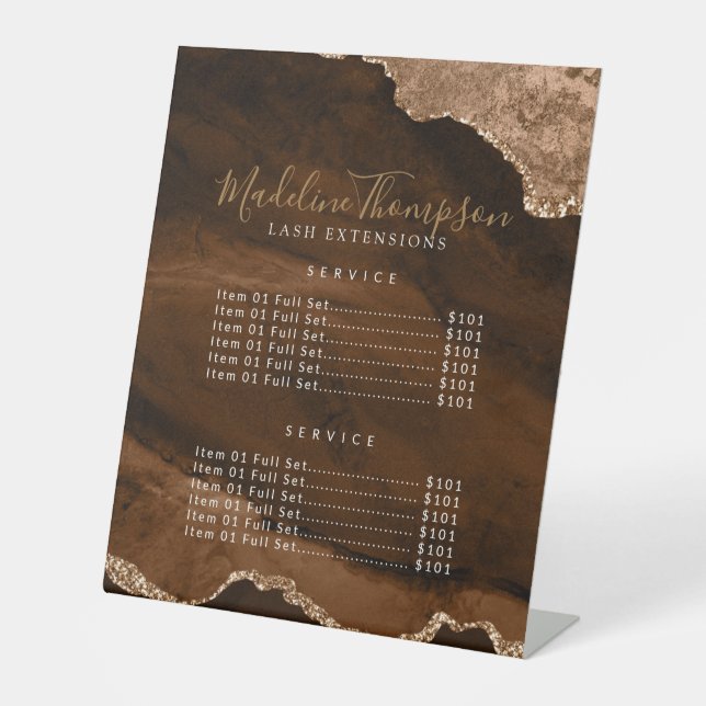 Elegant Gold Agate Geode Marble Services Price Pedestal Sign (Front)