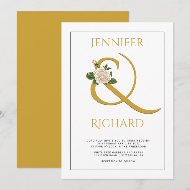 Elegant gold ampersand and white rose wedding invitation (Front/Back)