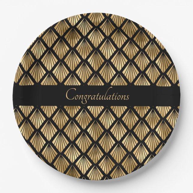Elegant Gold and Black Art Deco Geometric Fans  Paper Plate (Front)