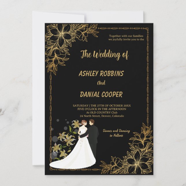 Elegant gold and Black Border floral Wedding  Invitation (Front)