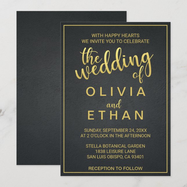 Elegant gold and black classy Wedding Invitation (Front/Back)