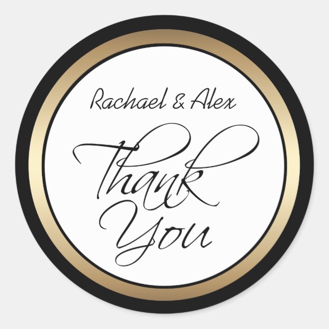Elegant Gold and Black Custom Thank You Classic Round Sticker (Front)