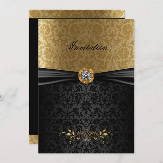 Elegant Gold and Black Damask Invitation (Front/Back)