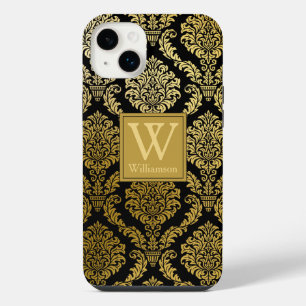 Elegant Gold and Black Damask Print Personalised iPhone 14 Plus Case
