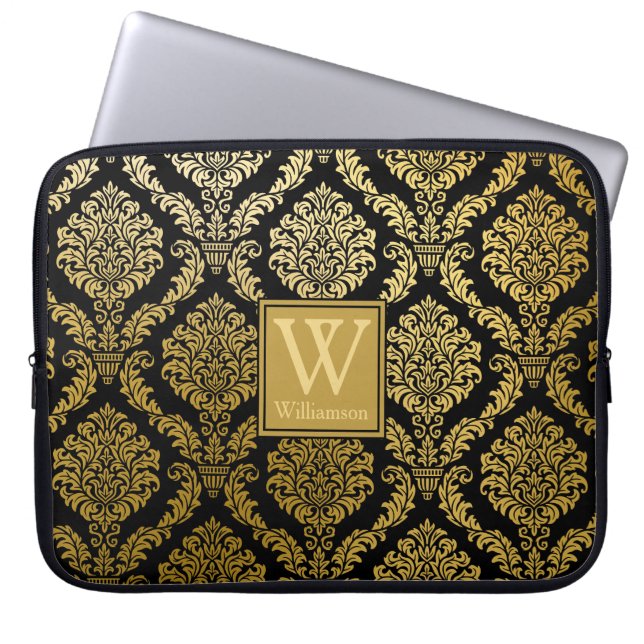 Elegant Gold and Black Damask Print Personalised Laptop Sleeve (Front)