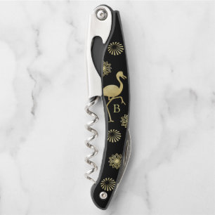 Elegant Gold and Black Flamingo Art Monogram Corkscrew