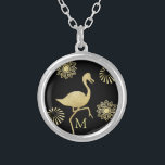Elegant Gold and Black Flamingo Art Monogram Silver Plated Necklace<br><div class="desc">Elegant monogrammed necklace with gold coloured flamingo and flower design.</div>