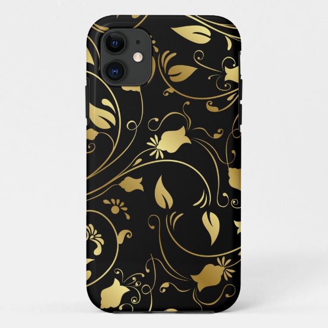 Elegant Gold and Black Floral iPhone Case (Back)