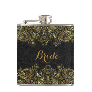 Elegant Gold And Black Floral Paisley Lace Hip Flask