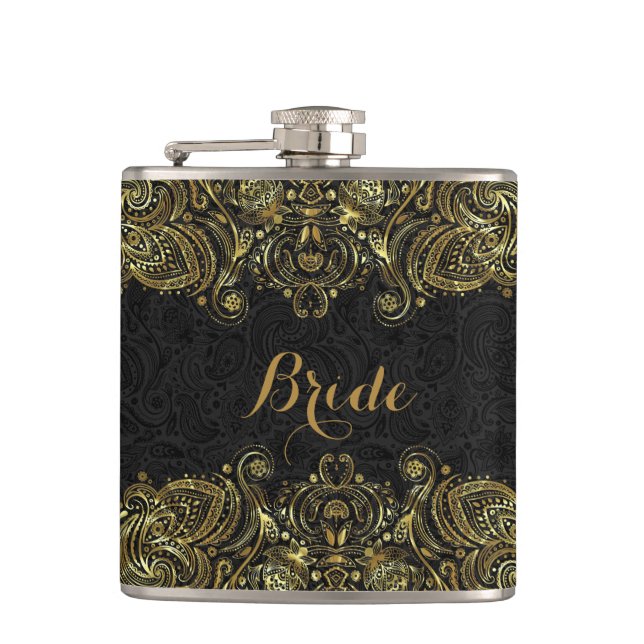 Elegant Gold And Black Floral Paisley Lace Hip Flask (Front)