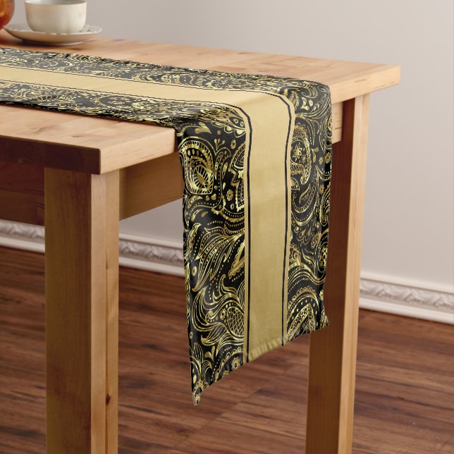 Elegant Gold And Black Floral Paisley & Stripes Short Table Runner (In Situ)