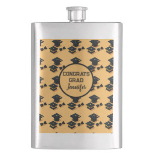 Elegant Gold and Black Graduation Cap Pattern Hip Flask