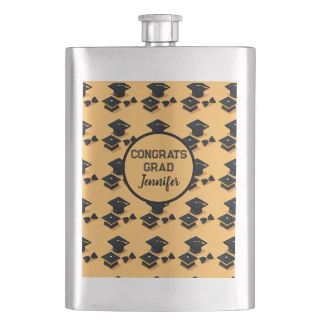Elegant Gold and Black Graduation Cap Pattern Hip Flask (Front)