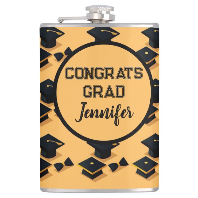 Elegant Gold and Black Graduation Cap Pattern Hip Flask (Front)