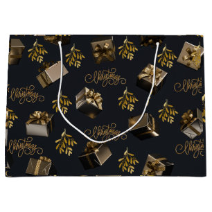 Elegant Gold And Black Merry Christmas Large Gift Bag