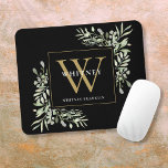 Elegant Gold and Black Monogram Greenery Floral Mouse Mat<br><div class="desc">Elegant watercolor leaves floral greenery monogram name mouse pad featuring a gold monogram initial on a stylish black background with your name set in a classic white text. Designed by Thisisnotme©</div>