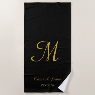 Elegant Gold and Black Monogram Newlyweds Name Beach Towel