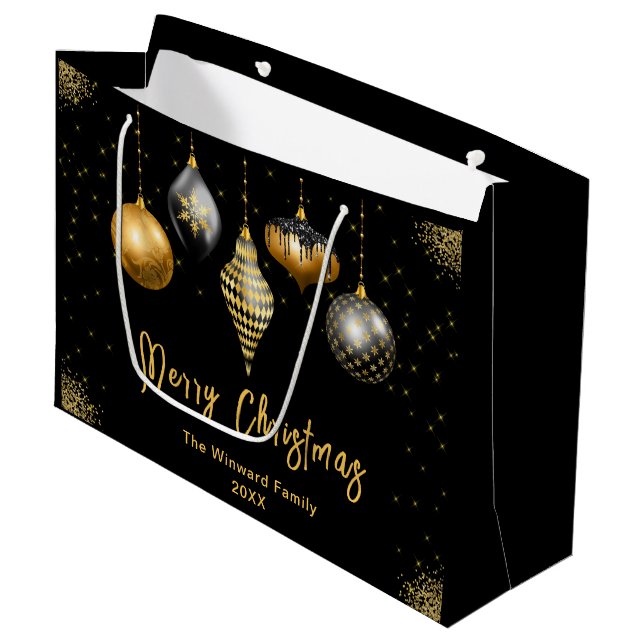 Elegant Gold and Black Ornament Christmas Large Gift Bag (Front Angled)