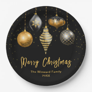 Elegant Gold and Black Ornament Christmas Paper Plate