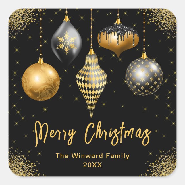 Elegant Gold and Black Ornament Christmas Square Sticker (Front)