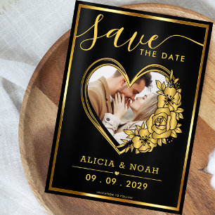 Elegant Gold And Black Photo In Heart-Shaped Save The Date