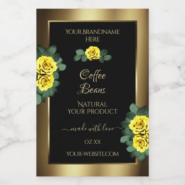 Elegant Gold and Black Product Labels Yellow Roses (Single Label)