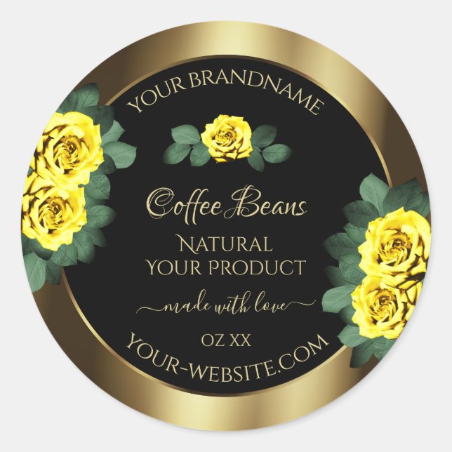Elegant Gold and Black Product Labels Yellow Roses (Front)