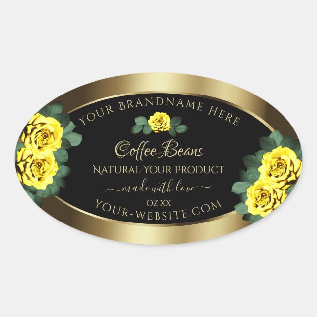 Elegant Gold and Black Product Labels Yellow Roses (Front)