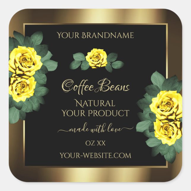 Elegant Gold and Black Product Labels Yellow Roses (Front)