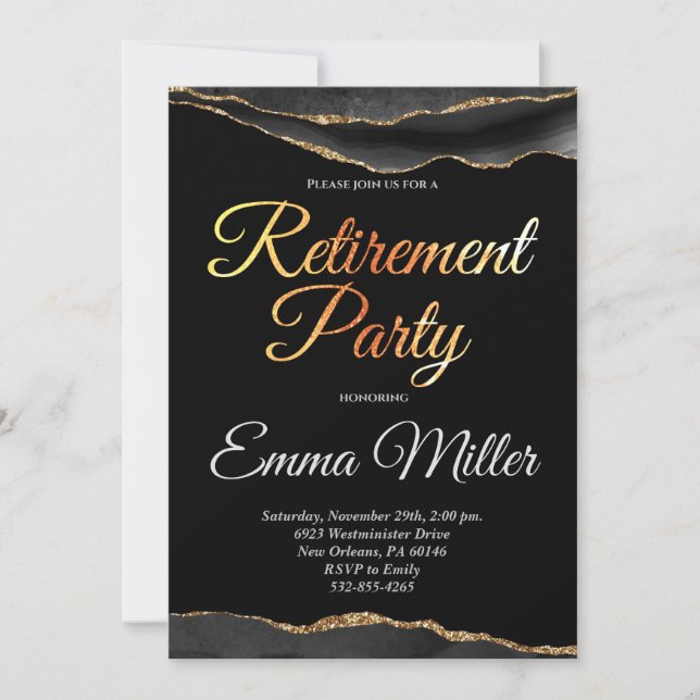 Elegant Gold and Black Retirement Party Invitation (Front)