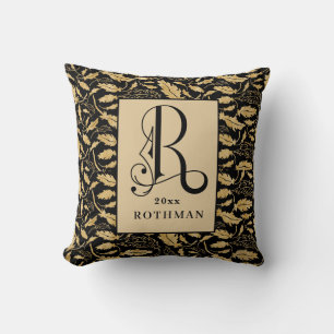 Elegant Gold and Black Scroll Typorgraph Monogram Cushion