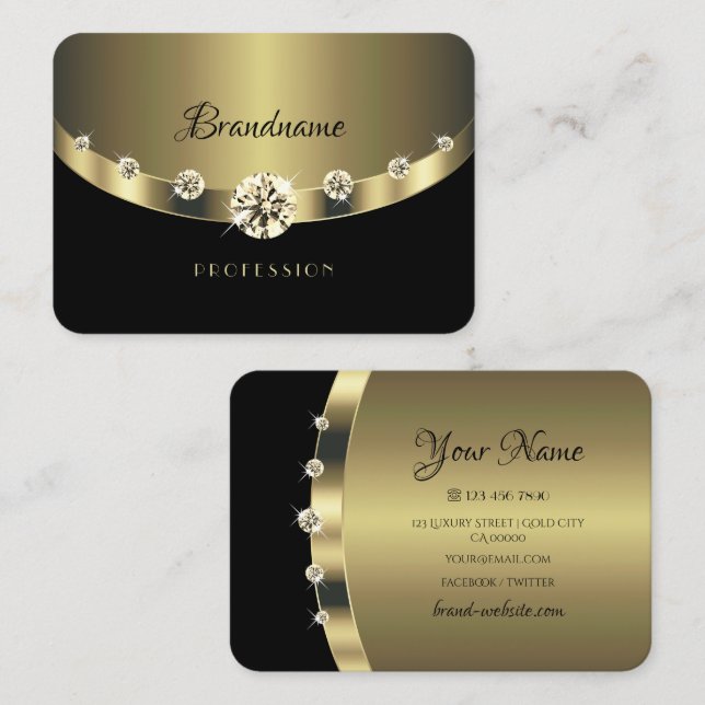 Elegant Gold and Black Shimmery Jewels Rhinestones Business Card (Front/Back)