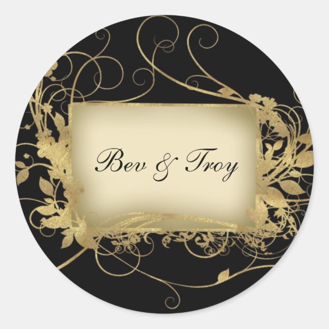 Elegant gold and black swirl design - customise it classic round sticker (Front)