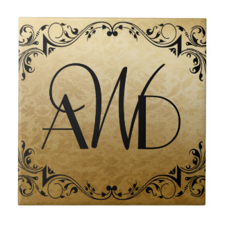 Elegant Gold and Black Three Initials Tile