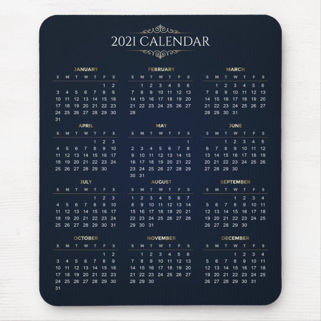 Elegant Gold and Blue 2021 Calendar | Mousepad (Front)